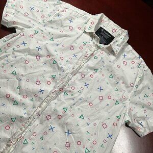 Mens PlayStation White Symbols Allover Print Cotton Button Down Shirt (Large)